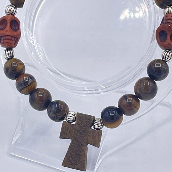 Crystal beaded stretch bracelet ONE NEW yellow tiger eye cross skull reiki medit - Picture 8 of 9